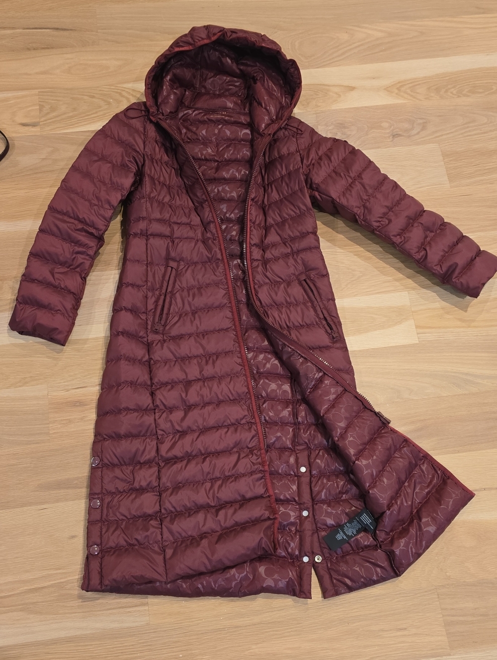 Coach New Long Hooded Quilted Coat - Burgundy